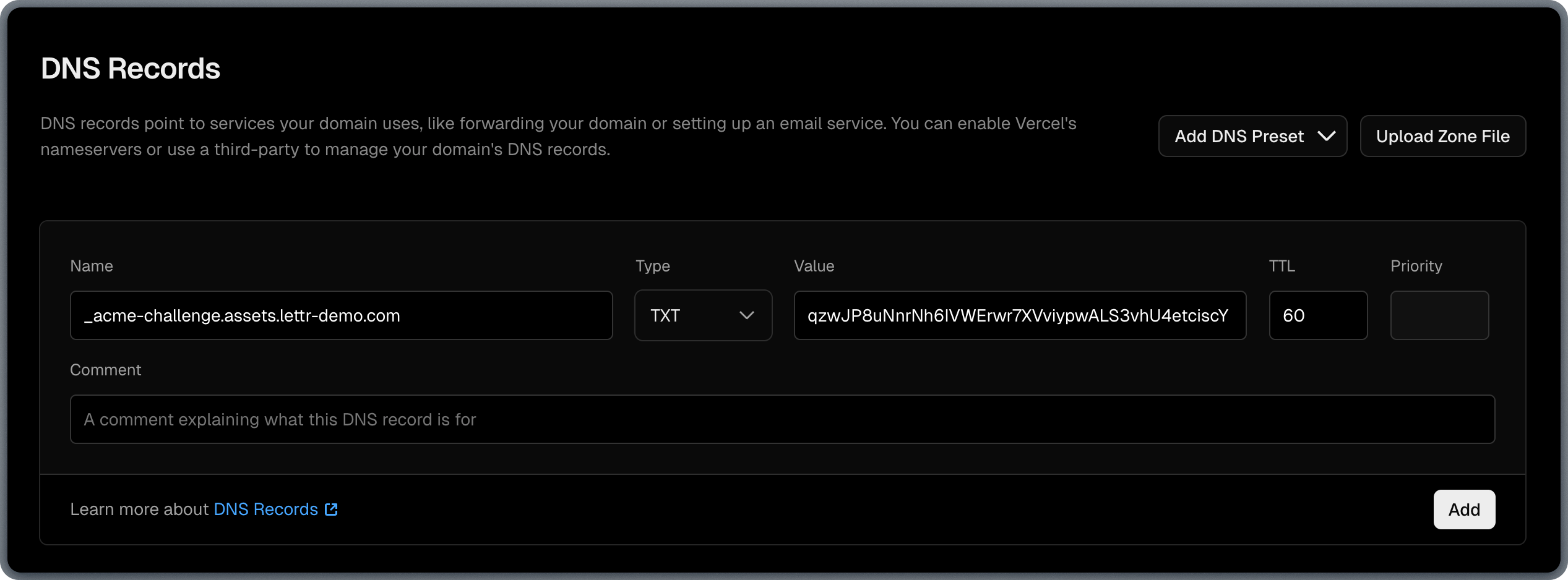 Adding Certificate Validation TXT record in Vercel DNS settings