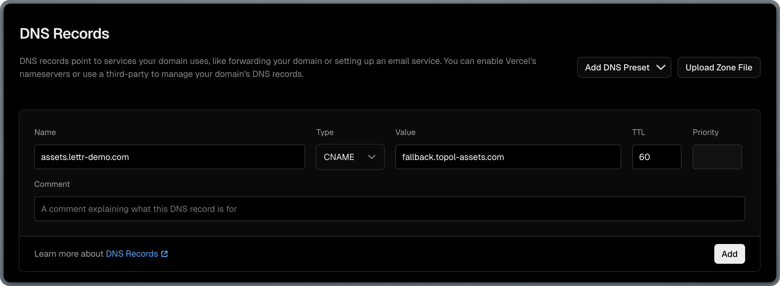 Adding Domain Routing CNAME record in Vercel DNS settings