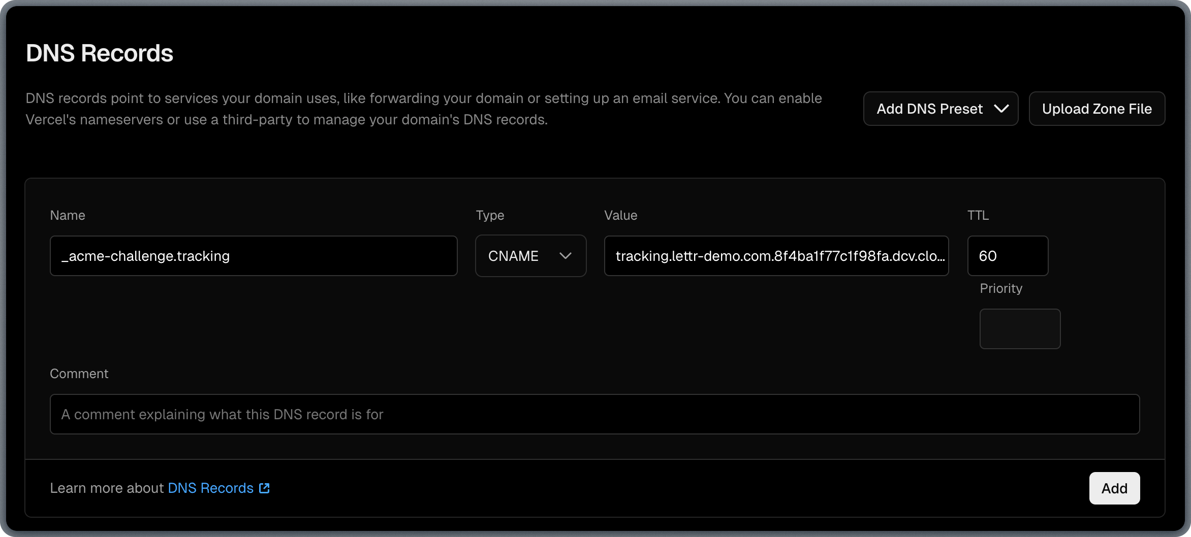 Adding SSL Certificate CNAME record in Vercel DNS settings