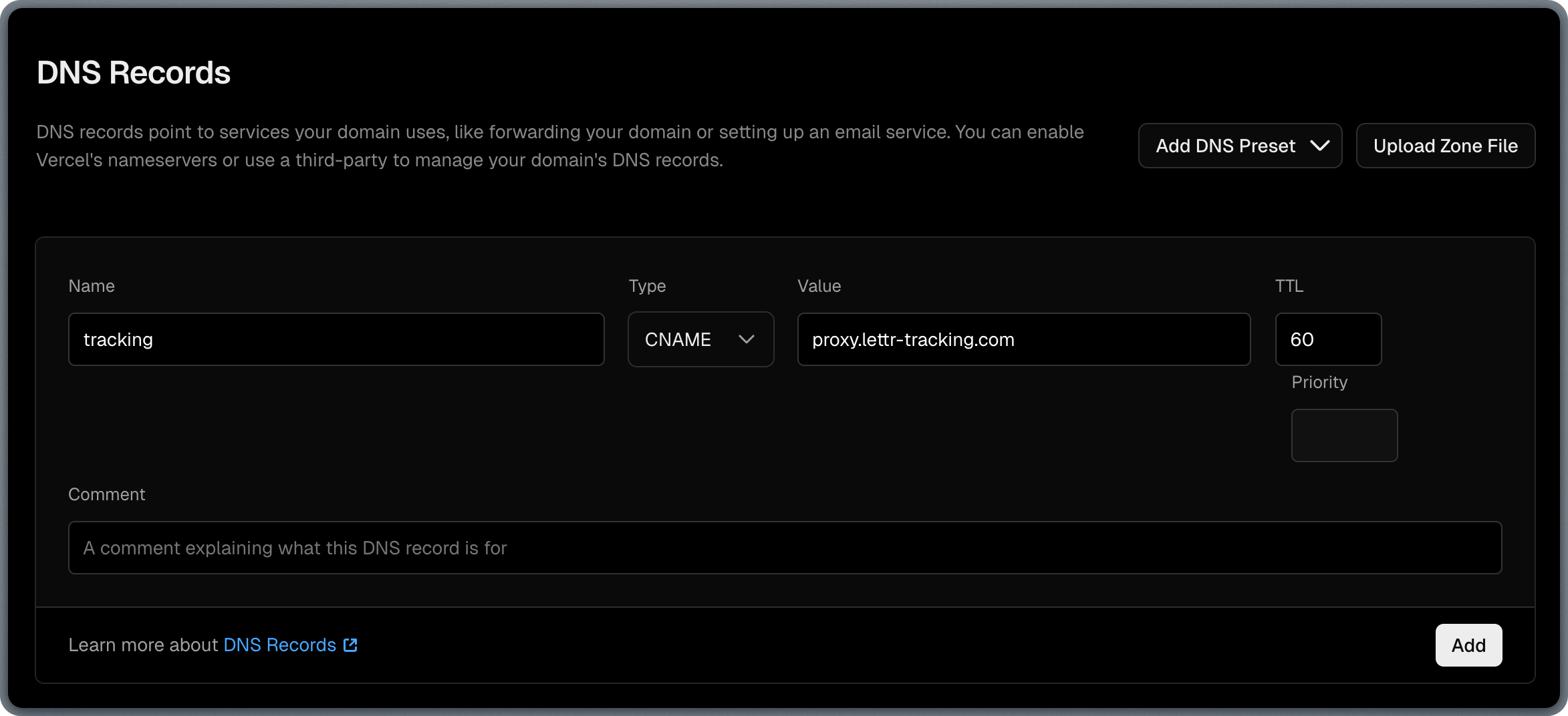 Adding Traffic CNAME record in Vercel DNS settings