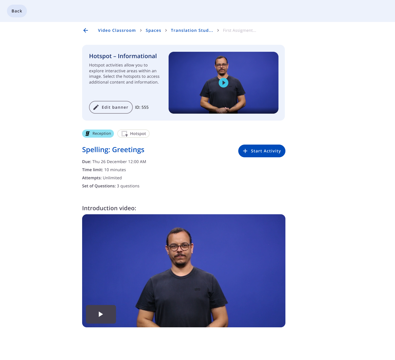 Apresentação de Hotspot informativo com dados da atividade e botão Start Activity.
