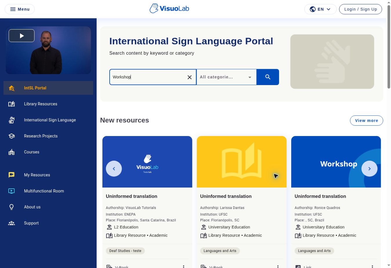 VisuoLab Portal with Workshop entered in the search field.