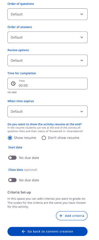 Configurações de ordem das questões e respostas, revisão, duração, comportamento ao expirar o tempo, resumo final e datas de início e encerramento.