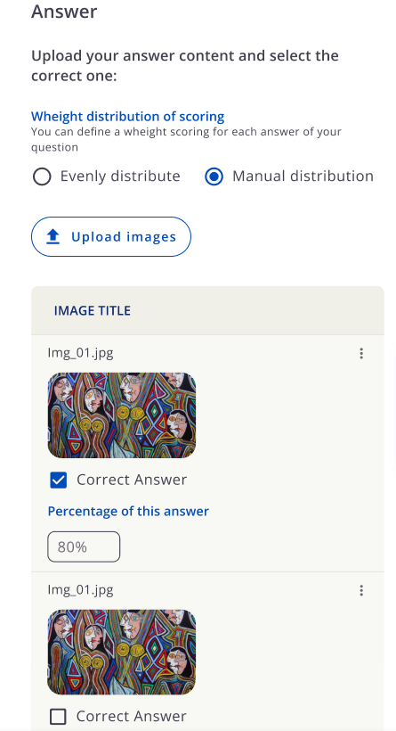 Seção Answer com Upload images, distribuição igual ou manual, miniaturas, caixas Correct Answer e campo Percentage of this answer.