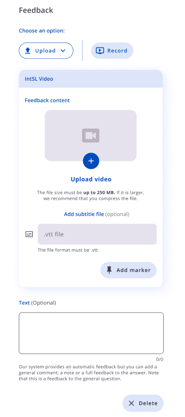 Formulário de feedback com Upload e Record, campo de vídeo, legendas .vtt, Add marker e texto opcional.