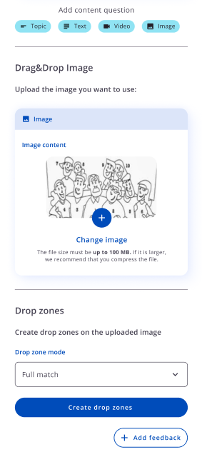Seção Drag&Drop Image com miniatura, Change image, limite de 100 MB, campo Drop zone mode e botão Create drop zones.