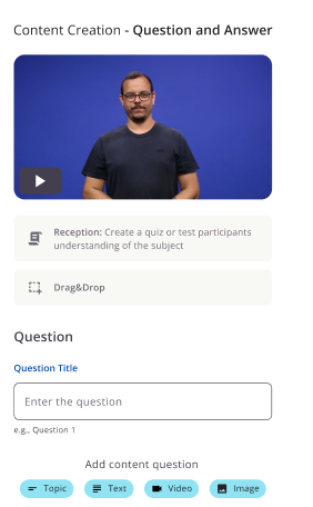 Editor de uma questão Drag&Drop com campo Question Title e botões para adicionar tópico, texto, vídeo e imagem.