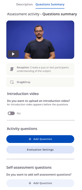 Resumo com os rótulos Reception e Drag&Drop, introdução opcional, botão Add Question, configurações de avaliação e seção de autoavaliação.