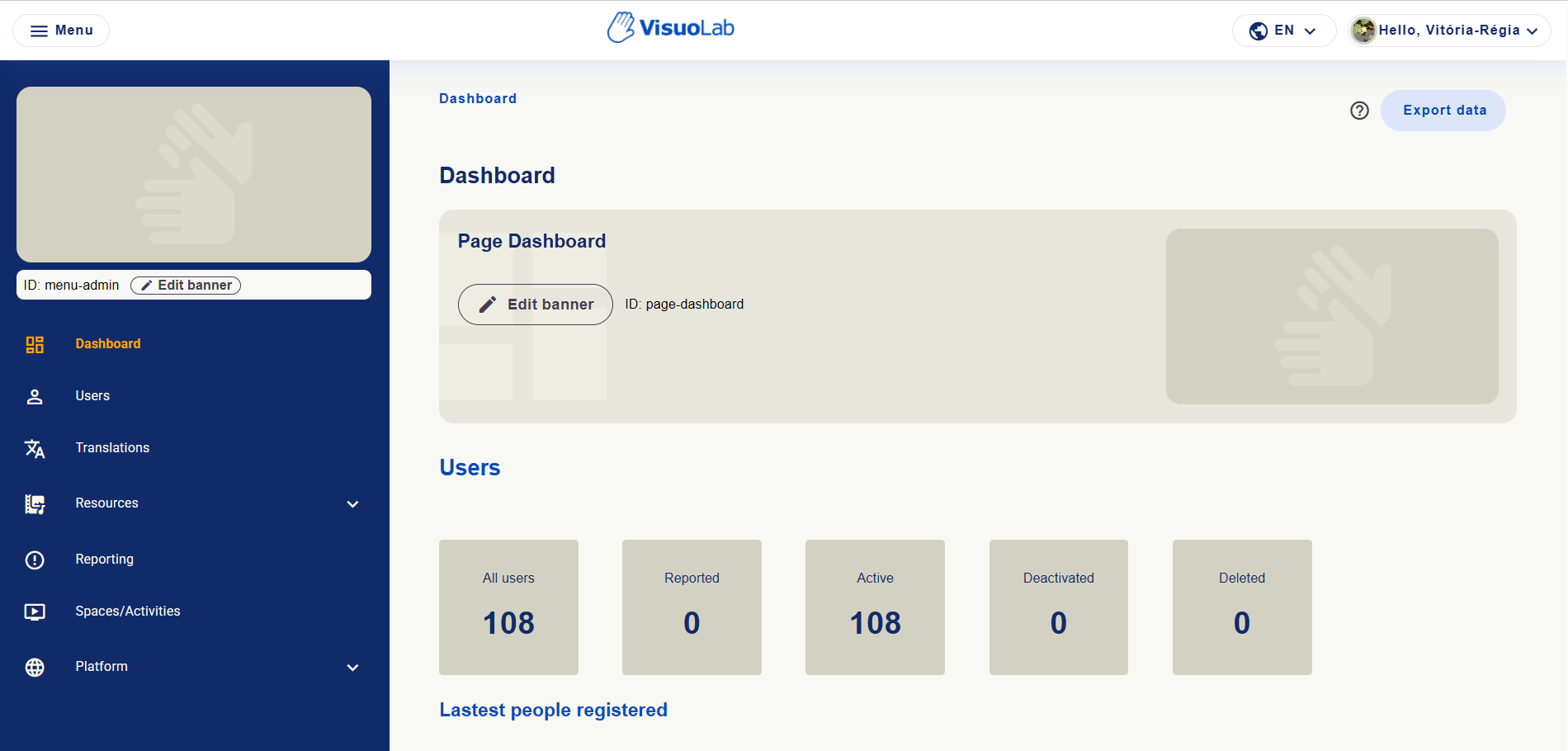 Dashboard with user indicators and administration options.
