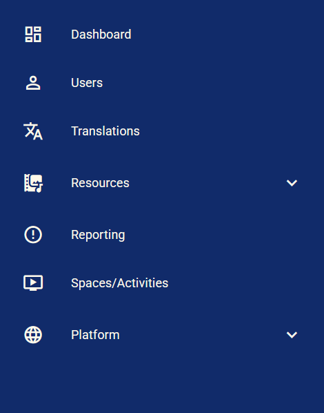 Administration menu with seven platform areas. English interface.