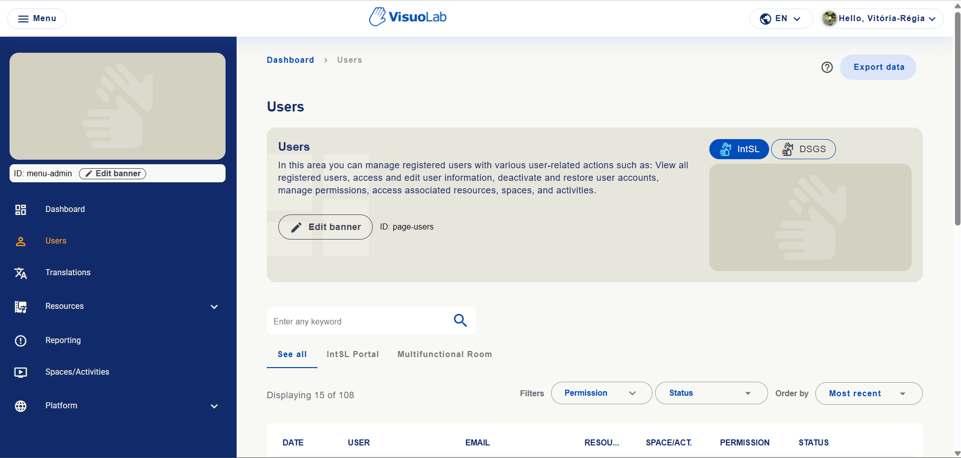 Users mit ID page-users und Banneroptionen IntSL und DSGS.