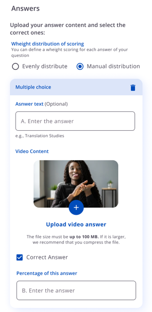 Multiple-Choice-Antwortkarte mit optionalem Text, Video, Markierung der richtigen Antwort und Prozentwert.