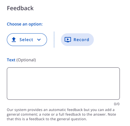 Feedbackbereich einer Frage mit Medienauswahl, Aufnahme und optionalem Text.