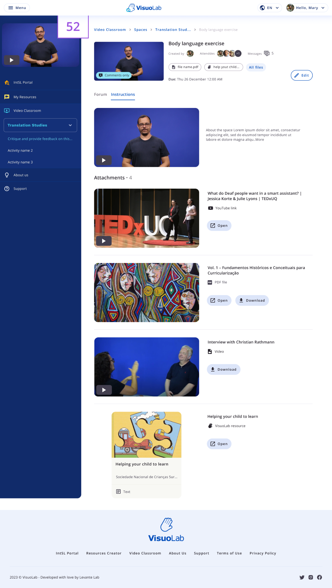 Aba Instructions com vídeo de apresentação e anexos da atividade