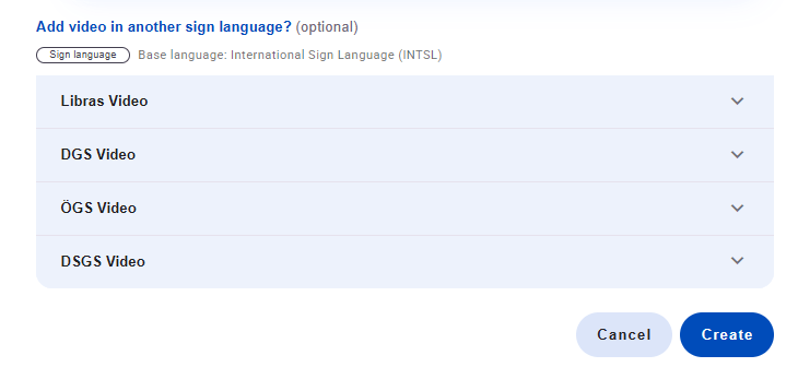 Additional sign language fields and Create button.