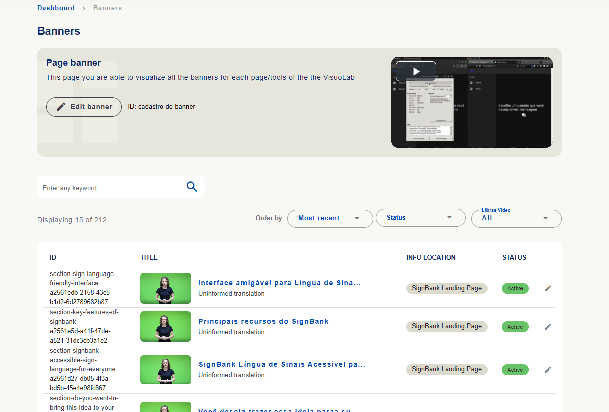 Banner management with identification, title, location, status and editing action.