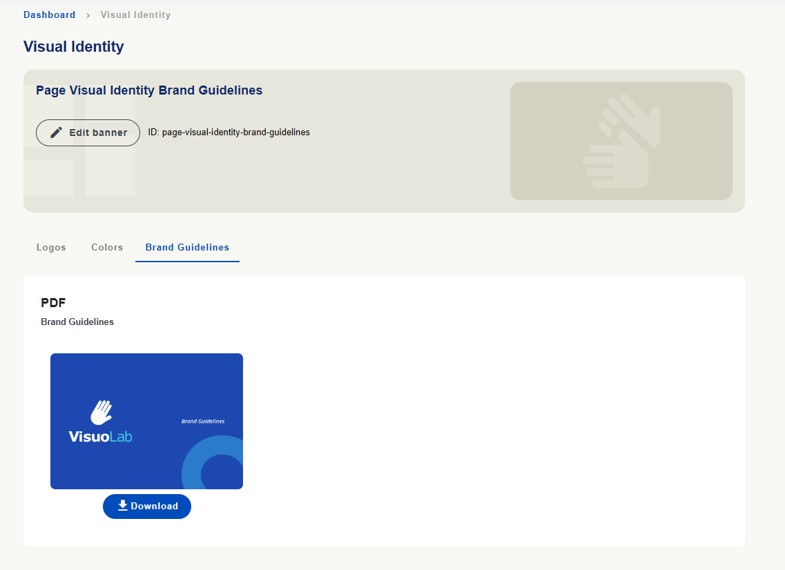 Brand Guidelines tab with the downloadable brand manual PDF.
