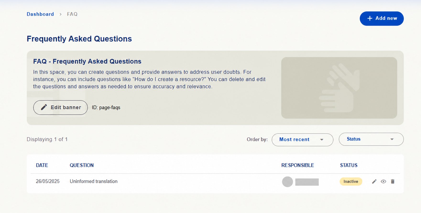 FAQ management with list, status and actions. Responsible person hidden.