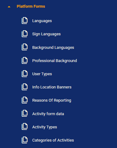 Platform Forms menu with language, user information, organization and activity records.