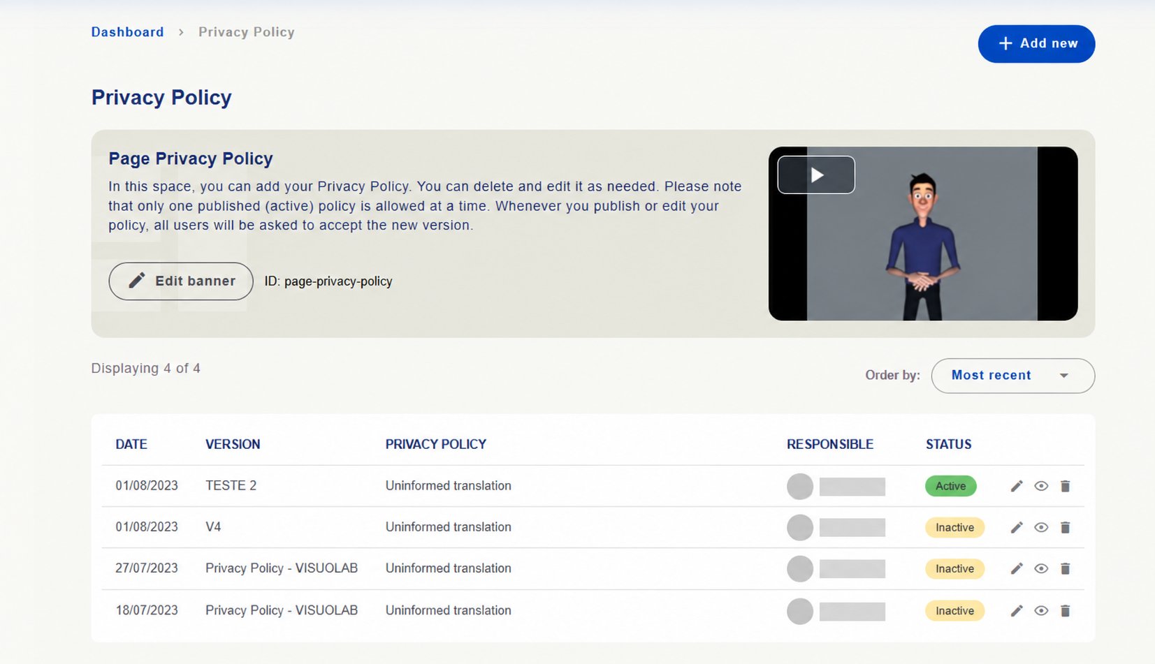 Privacy Policy versions with Active and Inactive status. Identifying details hidden.