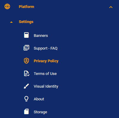 Platform and Settings menu with content, documents, visual identity and storage.