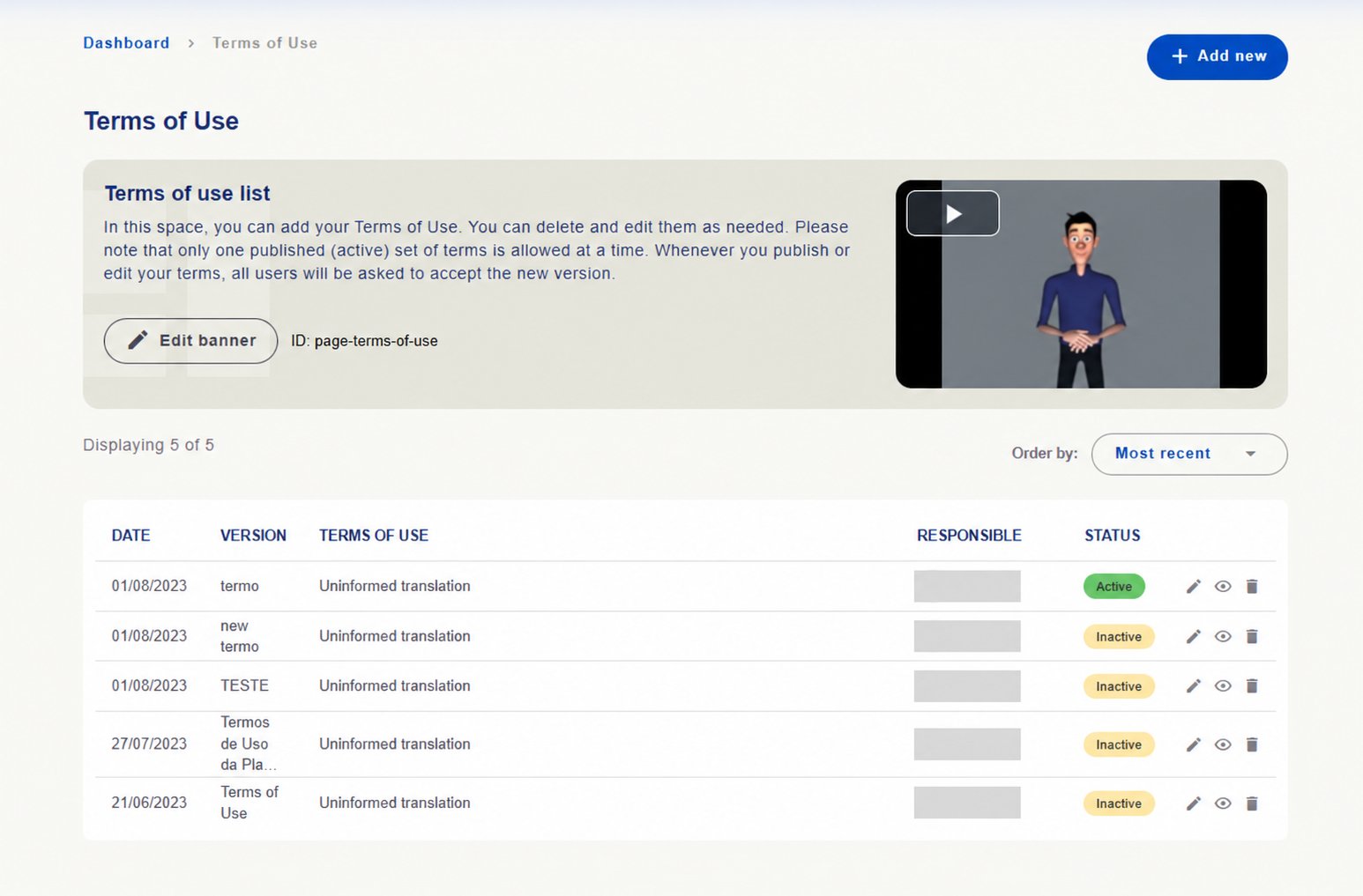 Terms of Use versions with status and management actions. Identifying details hidden.