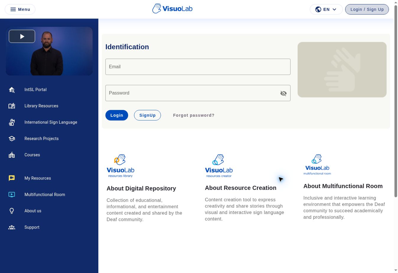 VisuoLab login with email, password, Login, SignUp and password recovery
