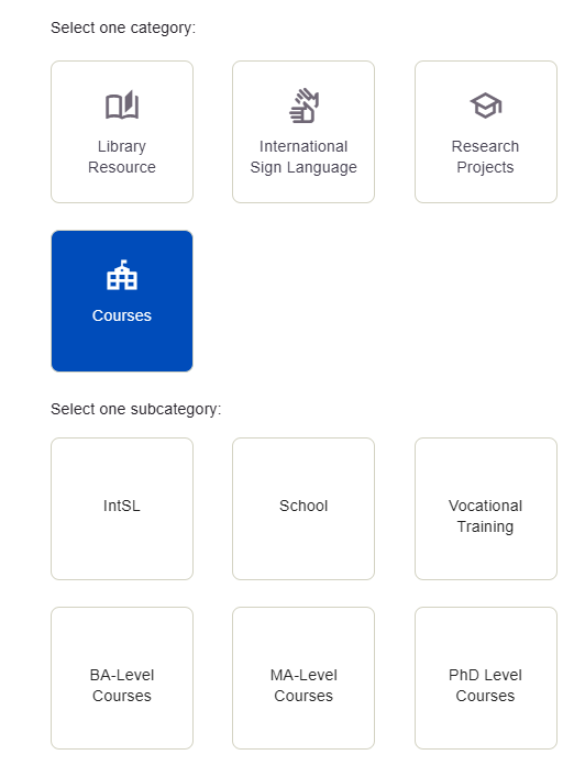 Courses ausgewählt, mit IntSL, School, Vocational Training sowie Bachelor-, Master- und Promotionsniveau.
