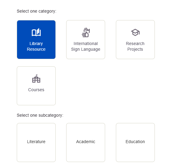 Library Resource ausgewählt, mit Literature, Academic und Education.