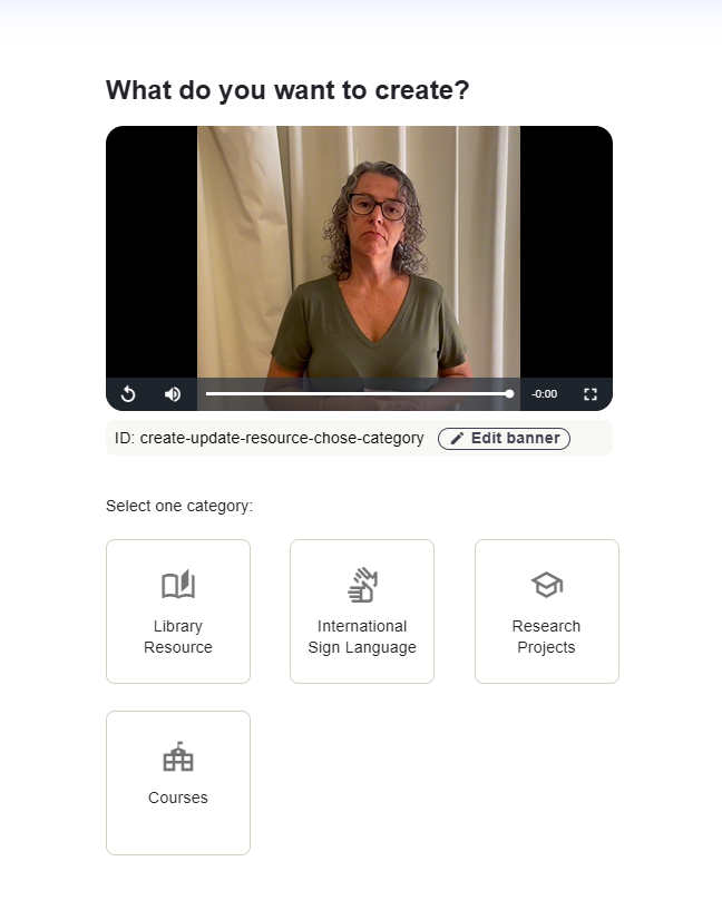 Startansicht der Ressourcenerstellung mit vier Kategorien. Englische Benutzeroberfläche.
