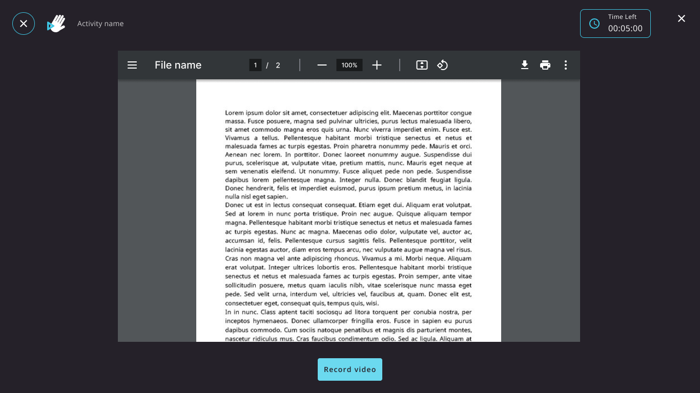 Consulta ao texto em PDF, com visualizador, contador de tempo e botão Record video.