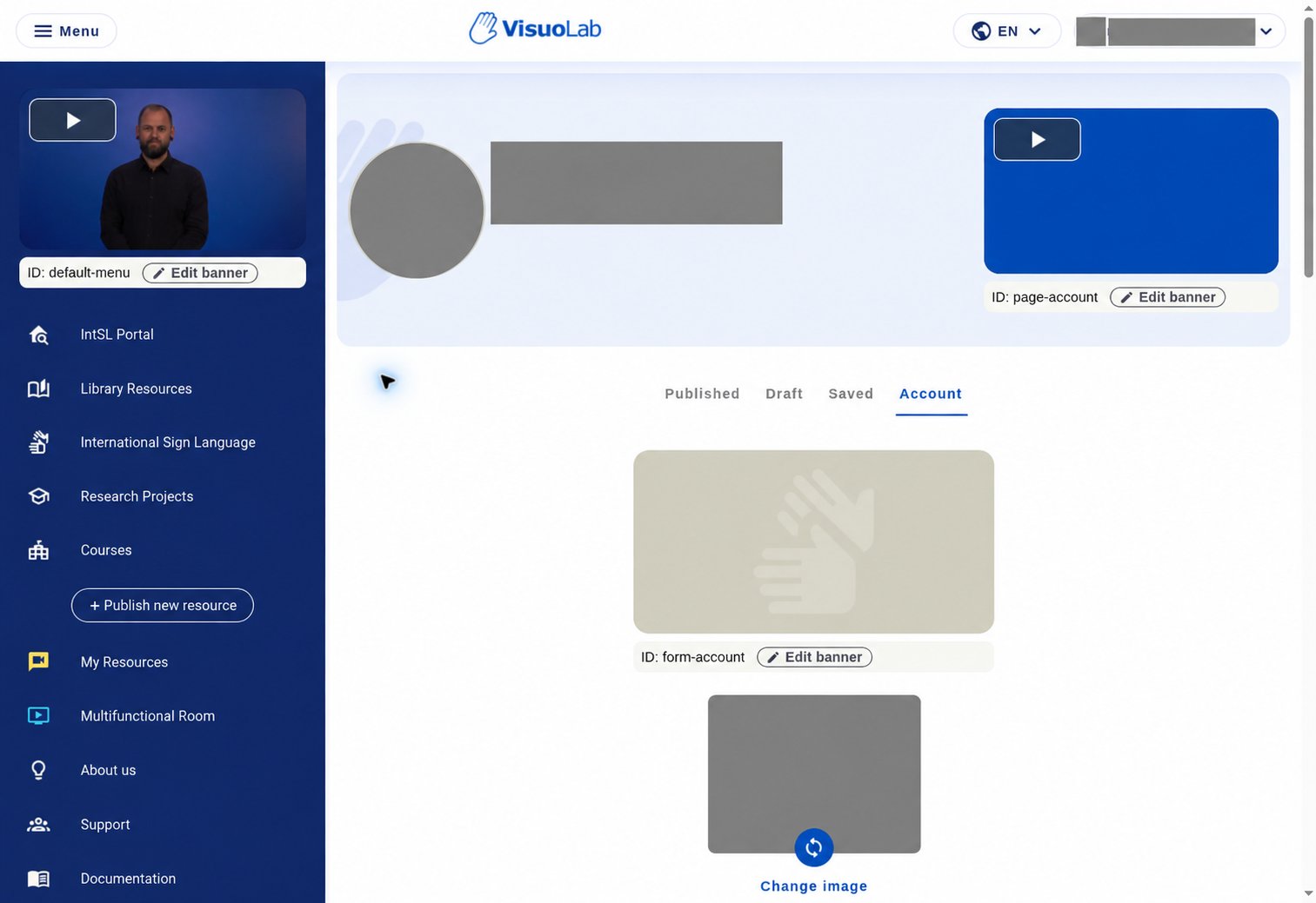 VisuoLabi valitud Account-vahekaart peidetud profiiliandmetega
