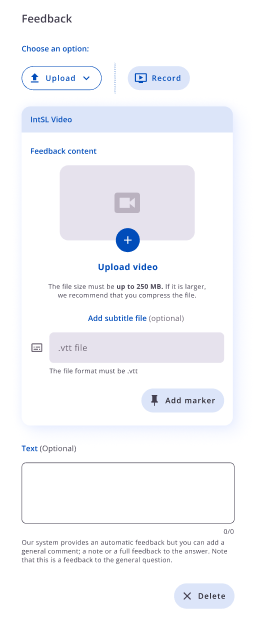Área de feedback da questão com recursos de vídeo e texto opcional.
