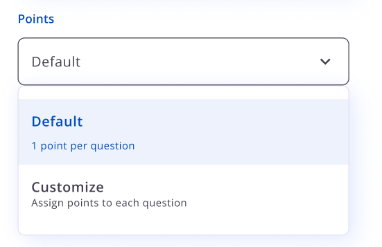 Campo Points com as opções Default e Customize para a pontuação das questões.