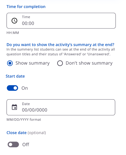 Configurações de tempo, revisão dos resultados e período de disponibilidade.