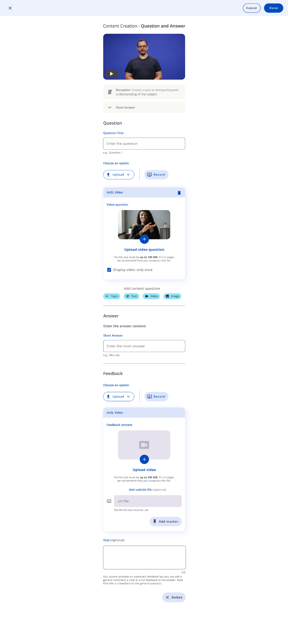 Campo de título da questão, envio ou gravação de vídeo, restrição de reprodução e blocos de conteúdo.