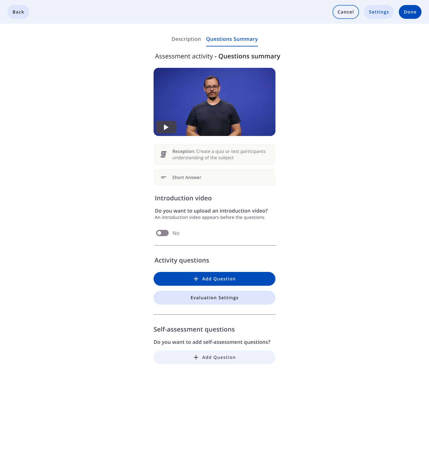 Área de introdução e botão para adicionar uma questão de resposta curta.