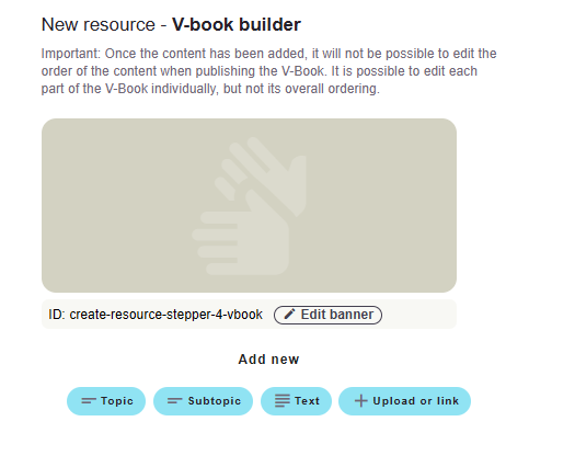 V-book builder valikutega Topic, Subtopic, Text ja Upload or link.