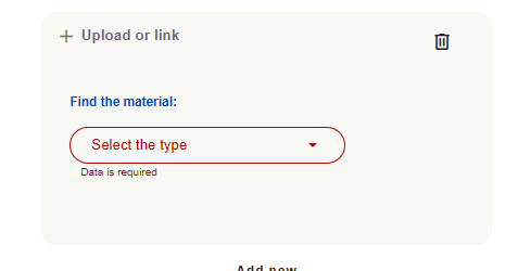 Plokk Upload or link koos materjali tüübi valijaga.