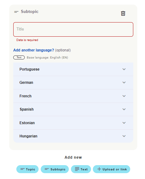 Plokk Subtopic pealkirja, keelte ja teiste elementide lisamise nuppudega.