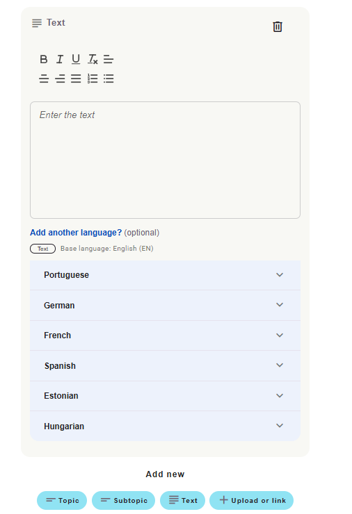 Plokk Text tekstiredaktori ja teiste keelte väljadega.