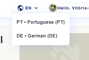 Language selector with English active and Portuguese and German options