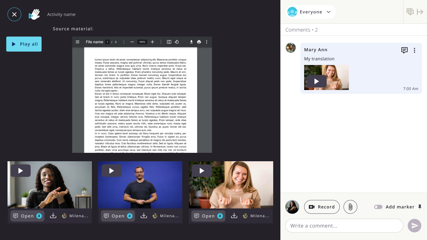 Documento PDF como material-base, com vídeos de participantes e comentários.