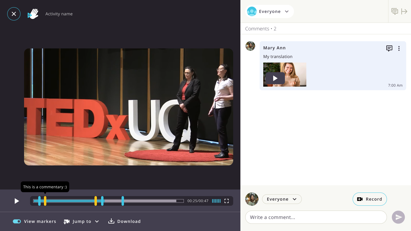 Exemplo de comentários associados a momentos do vídeo por marcadores na linha do tempo.