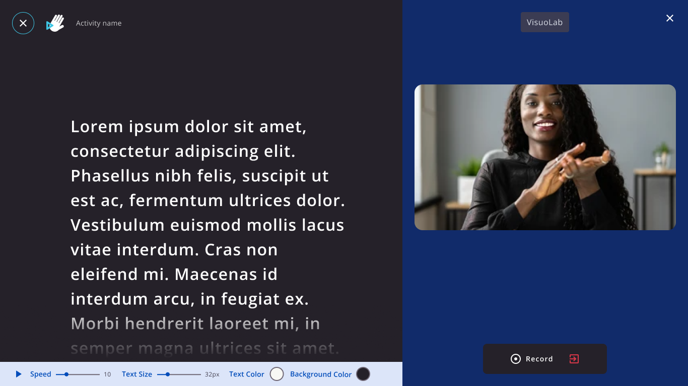 Texto do teleprompter à esquerda, câmera à direita e controles de leitura na parte inferior.