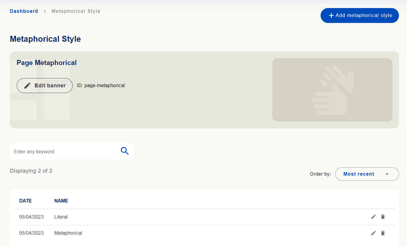 Metaphorical style options with list, search and Add metaphorical style button.