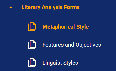 Literary Analysis Forms menu with analysis configuration areas.