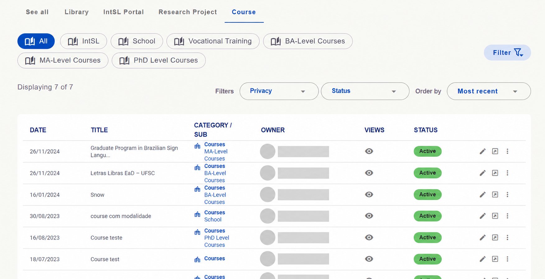 Course category with subdivisions and resource list. Identifying details hidden.