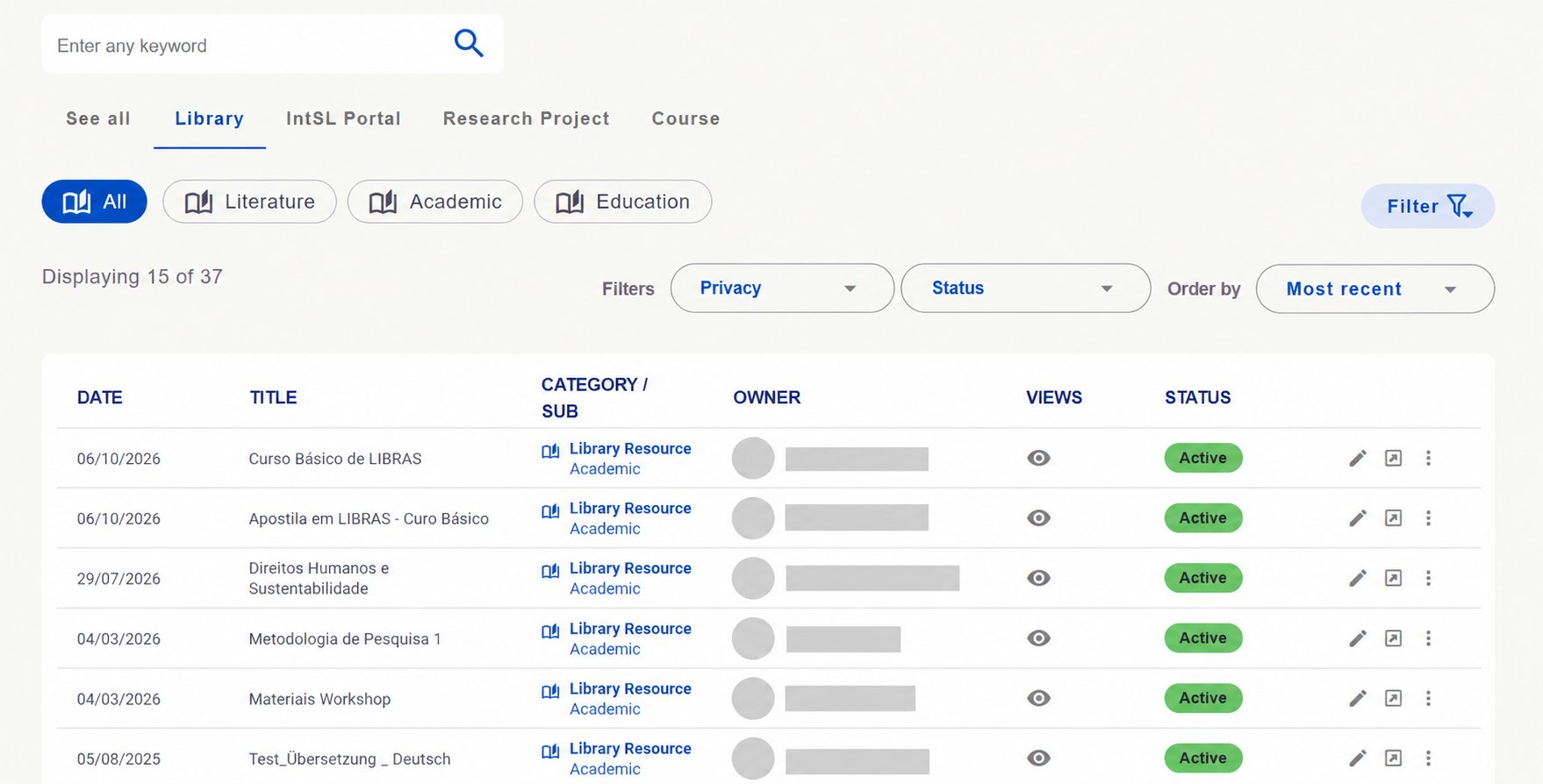 Library view with subcategory options and privacy and status filters. Identifying details hidden.