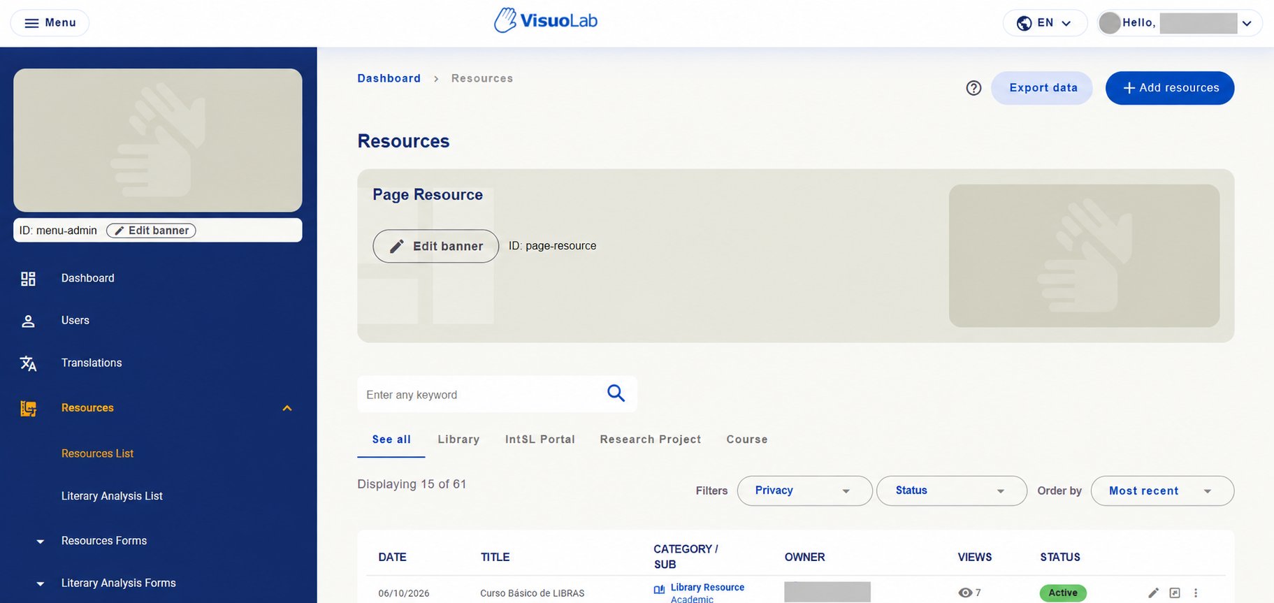 Resources area with access to resource lists, literary analyses and form records. Identifying details hidden.